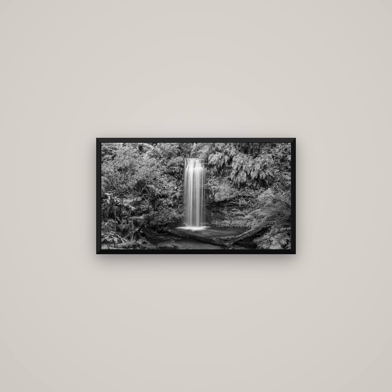 Veil of Serenity, Koropuku Falls — Basel Black Matte, 64×36 cm. New Zealand fine art wall art by Stephen Milner.