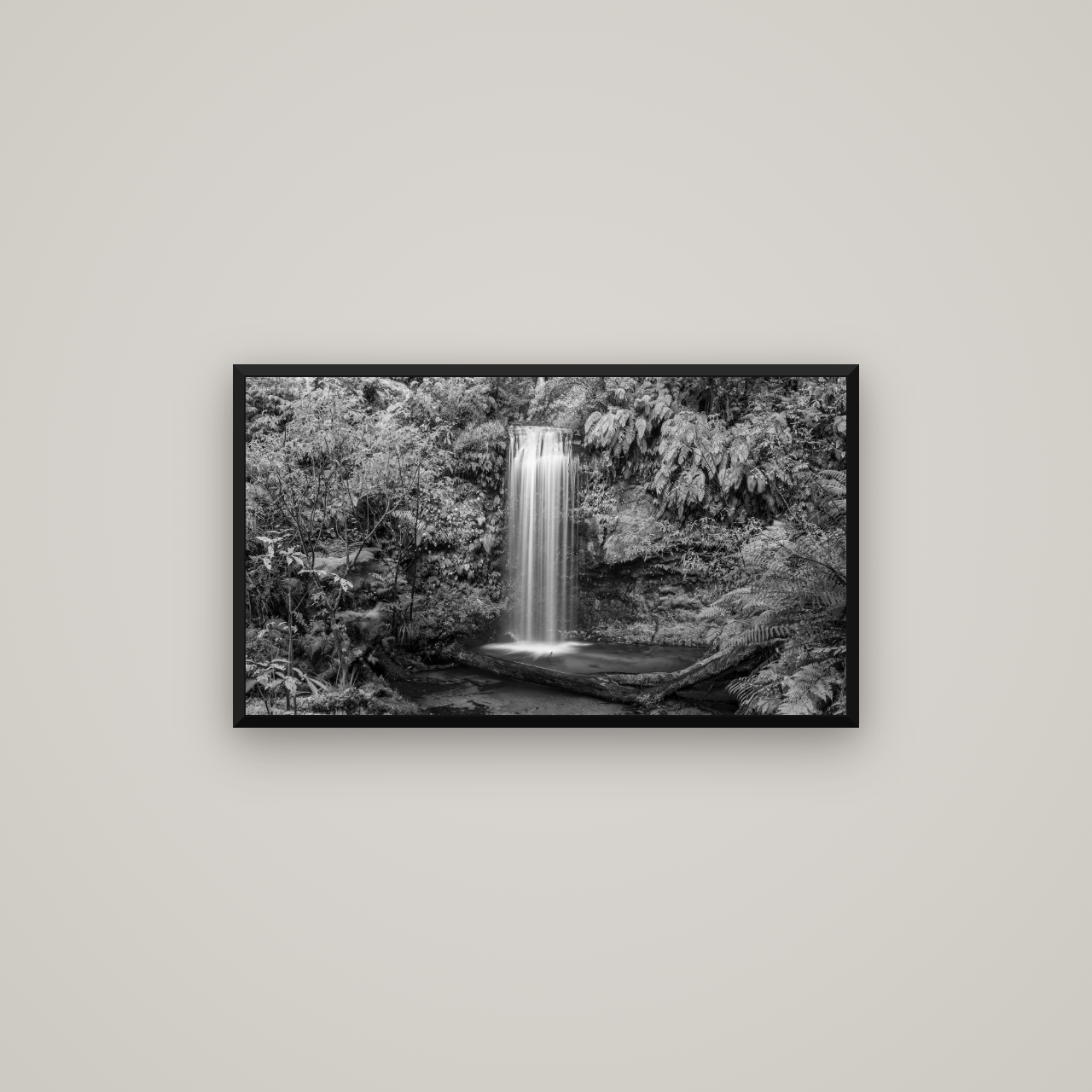 Veil of Serenity, Koropuku Falls — Basel Black Matte, 80×45 cm. New Zealand fine art wall art by Stephen Milner.
