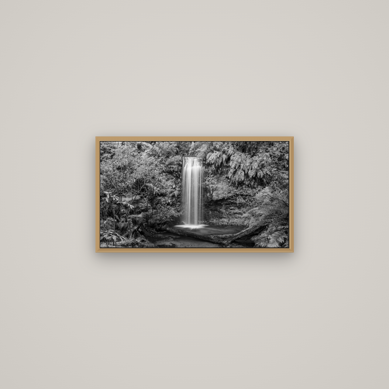 Veil of Serenity, Koropuku Falls, Basel Natural Oak, 64×36 cm. New Zealand fine art wall art by Stephen Milner.