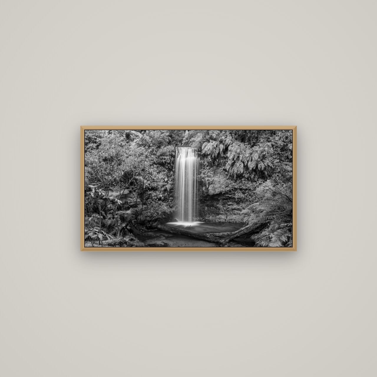 Veil of Serenity, Koropuku Falls, Basel Natural Oak, 80×45 cm. New Zealand fine art wall art by Stephen Milner.
