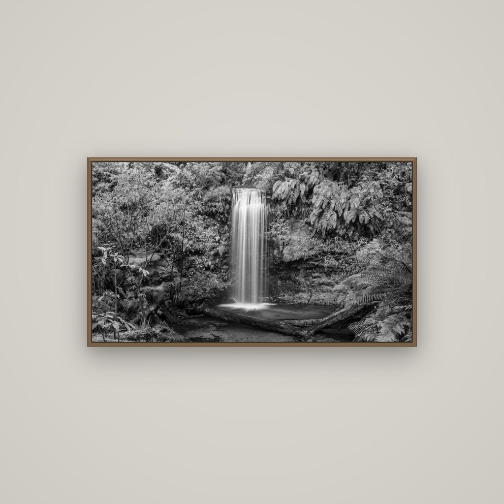 Veil of Serenity, Koropuku Falls, Basel Walnut, 107×60 cm. New Zealand fine art wall art by Stephen Milner.