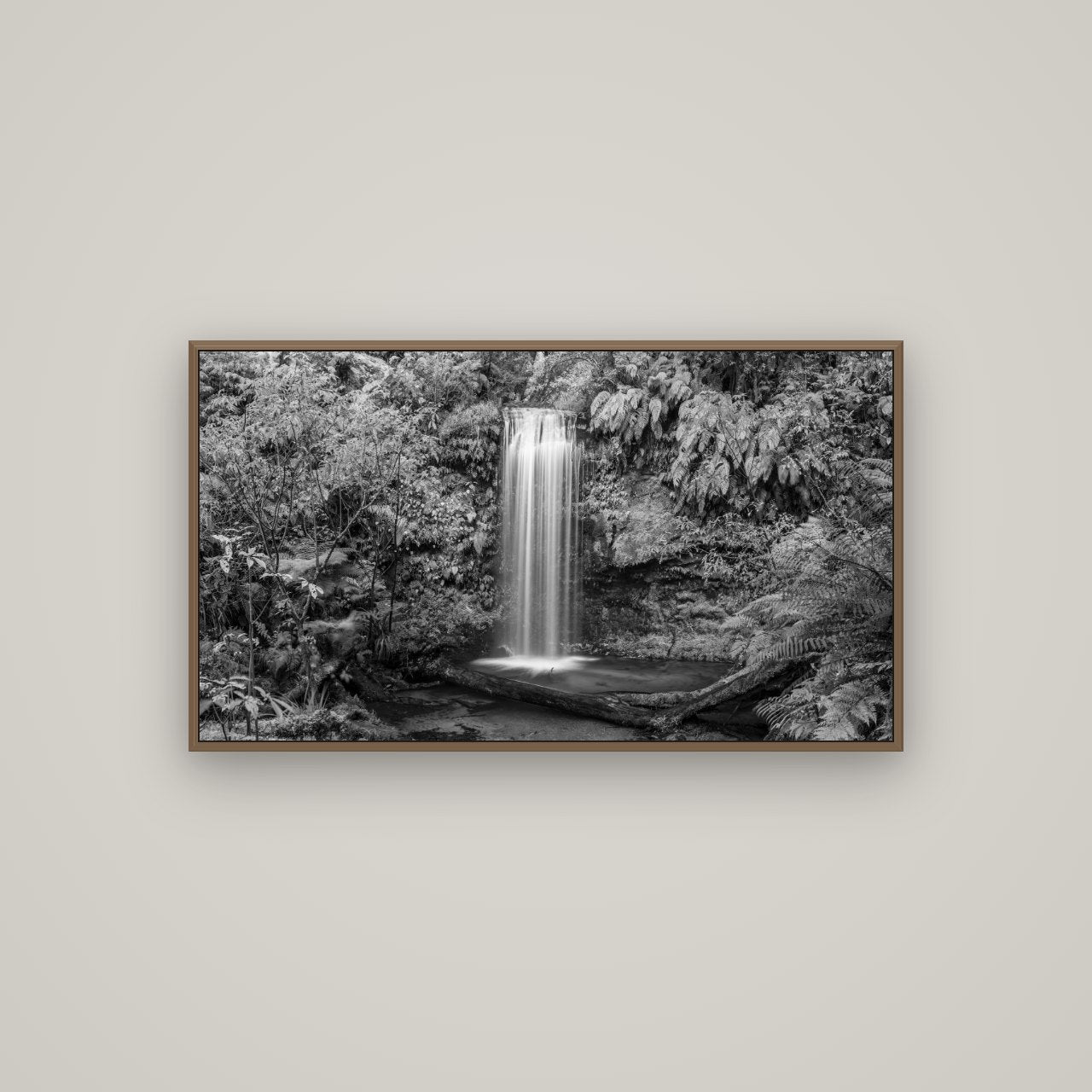 Veil of Serenity, Koropuku Falls, Basel Walnut, 107×60 cm. New Zealand fine art wall art by Stephen Milner.