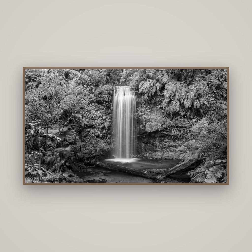 Veil of Serenity, Koropuku Falls, Basel Walnut, 160×90 cm. New Zealand fine art wall art by Stephen Milner.