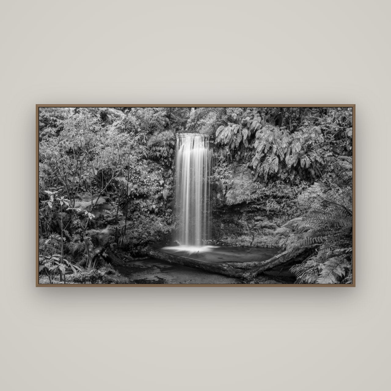Veil of Serenity, Koropuku Falls, Basel Walnut, 160×90 cm. New Zealand fine art wall art by Stephen Milner.