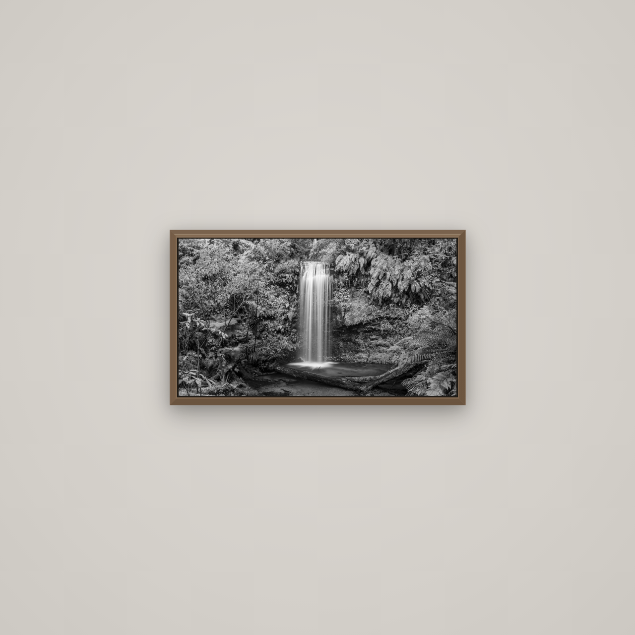 Veil of Serenity, Koropuku Falls, Basel Walnut, 53×30 cm. New Zealand fine art wall art by Stephen Milner.