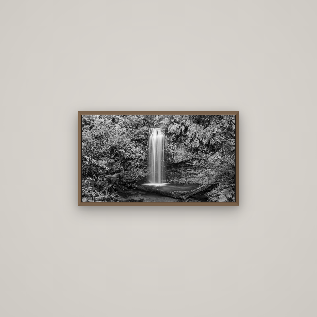 Veil of Serenity, Koropuku Falls, Basel Walnut, 64×36 cm. New Zealand fine art wall art by Stephen Milner.