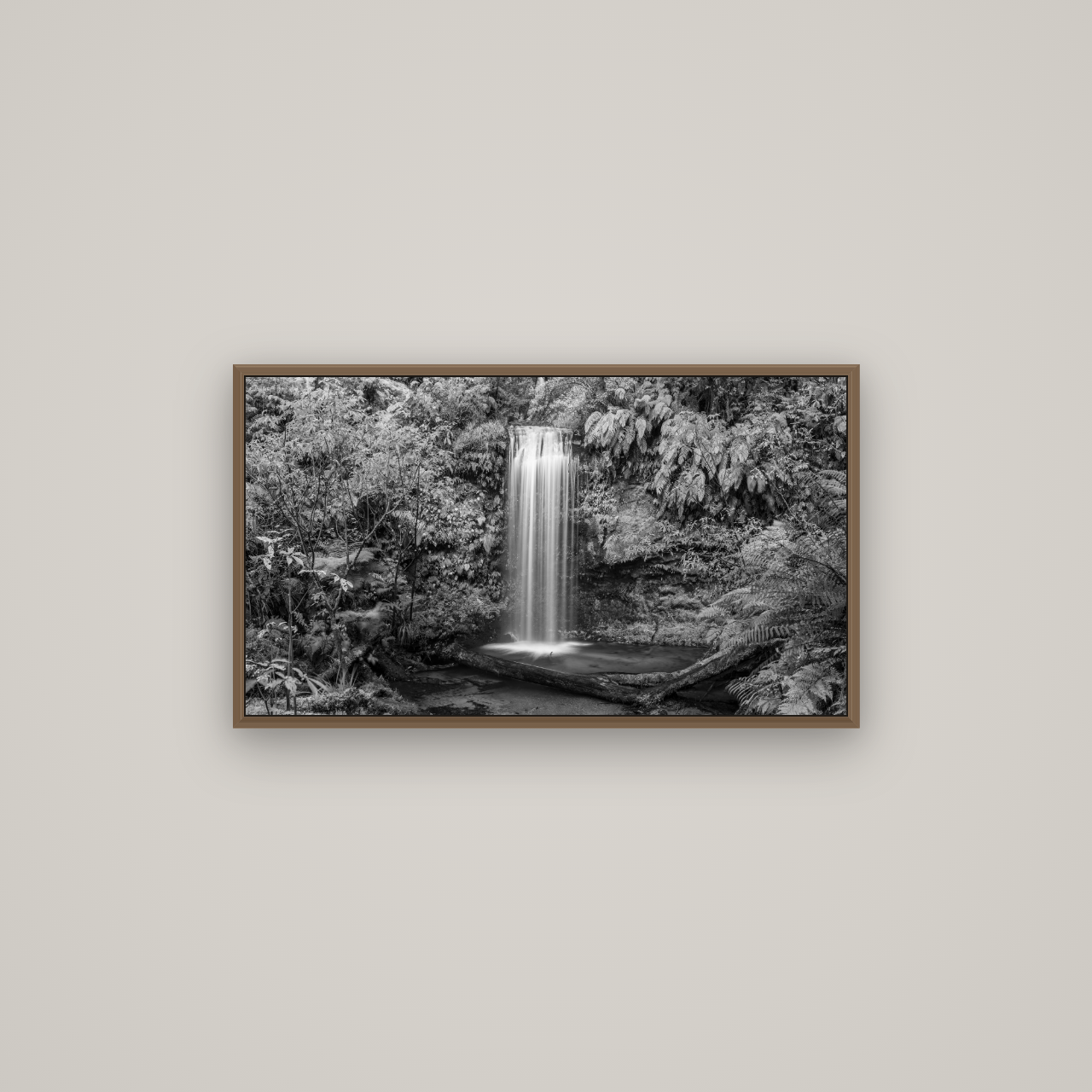 Veil of Serenity, Koropuku Falls, Basel Walnut, 80×45 cm. New Zealand fine art wall art by Stephen Milner.