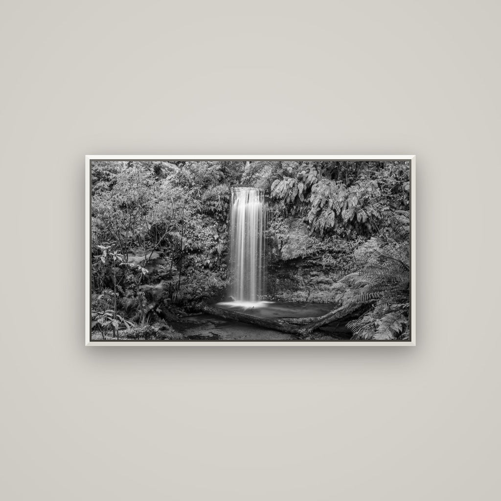 Veil of Serenity, Koropuku Falls — Basel White, 107×60 cm. New Zealand fine art wall art by Stephen Milner.