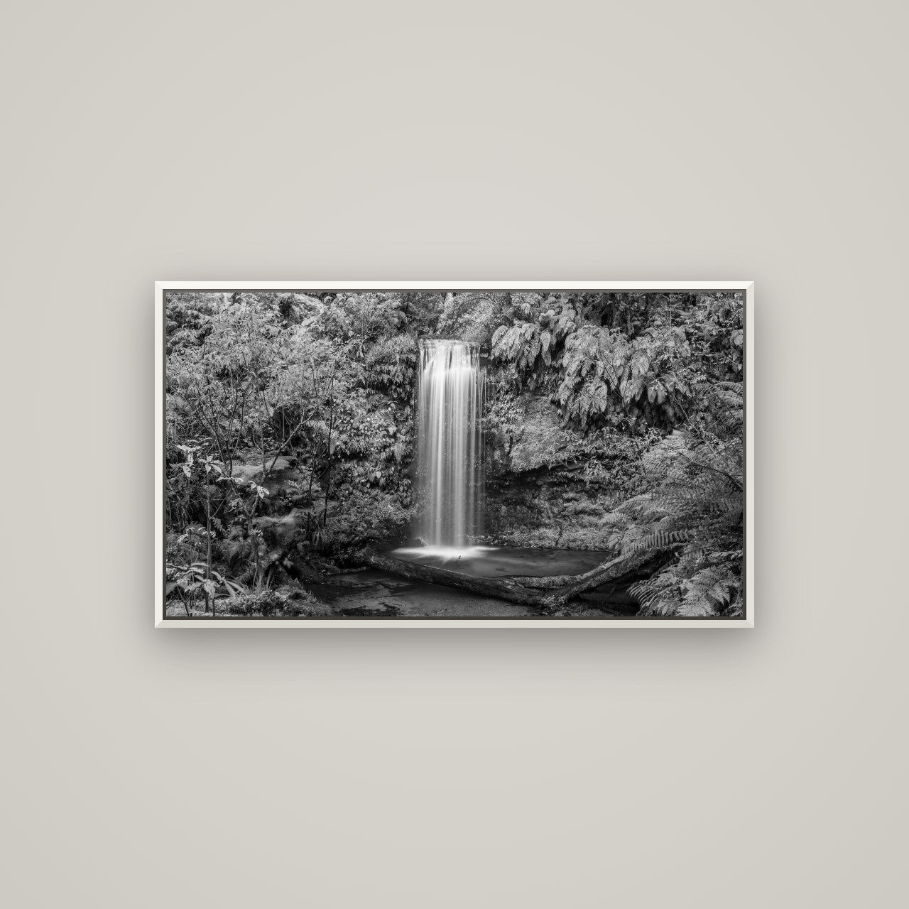 Veil of Serenity, Koropuku Falls — Basel White, 107×60 cm. New Zealand fine art wall art by Stephen Milner.