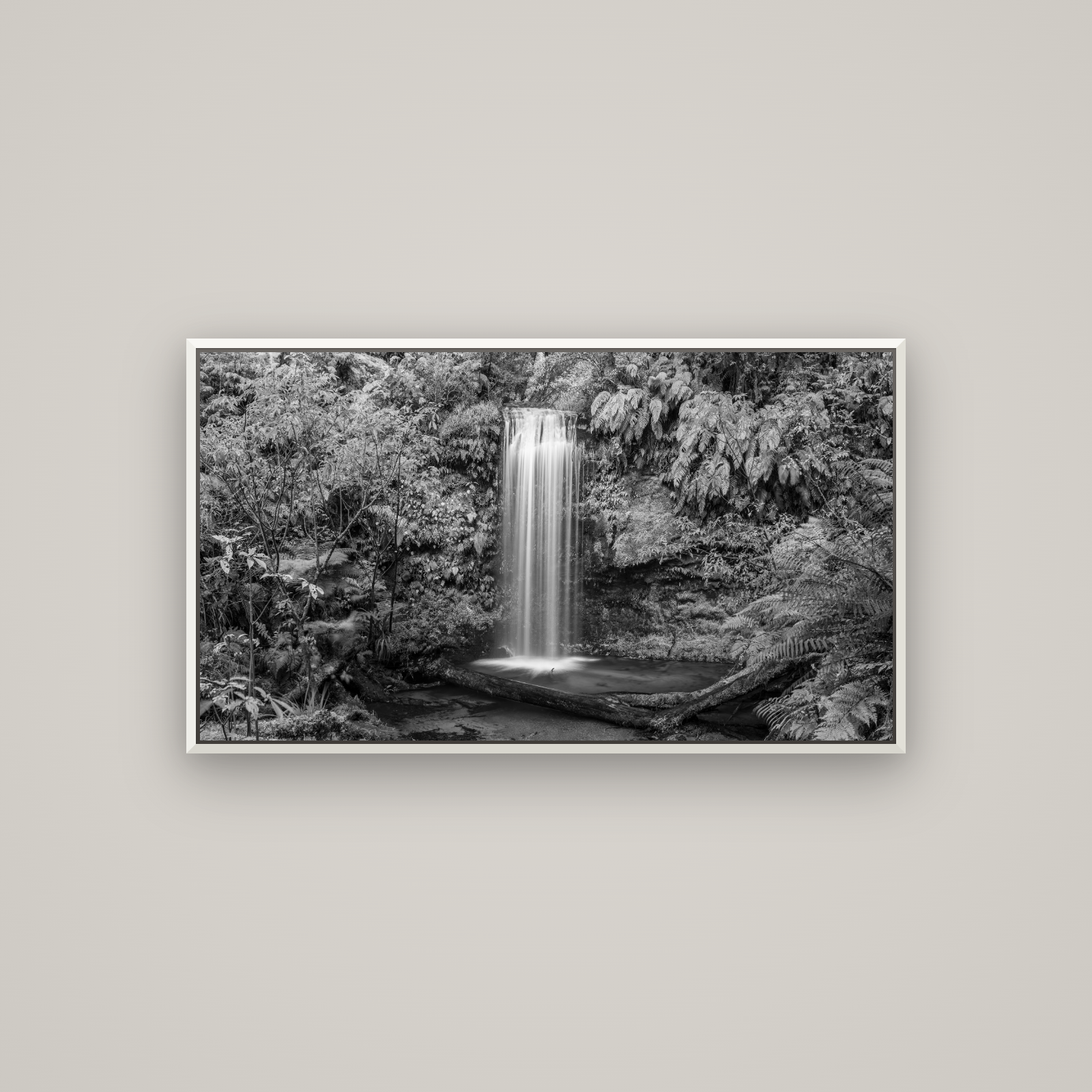 Veil of Serenity, Koropuku Falls — Basel White, 107×60 cm. New Zealand fine art wall art by Stephen Milner.