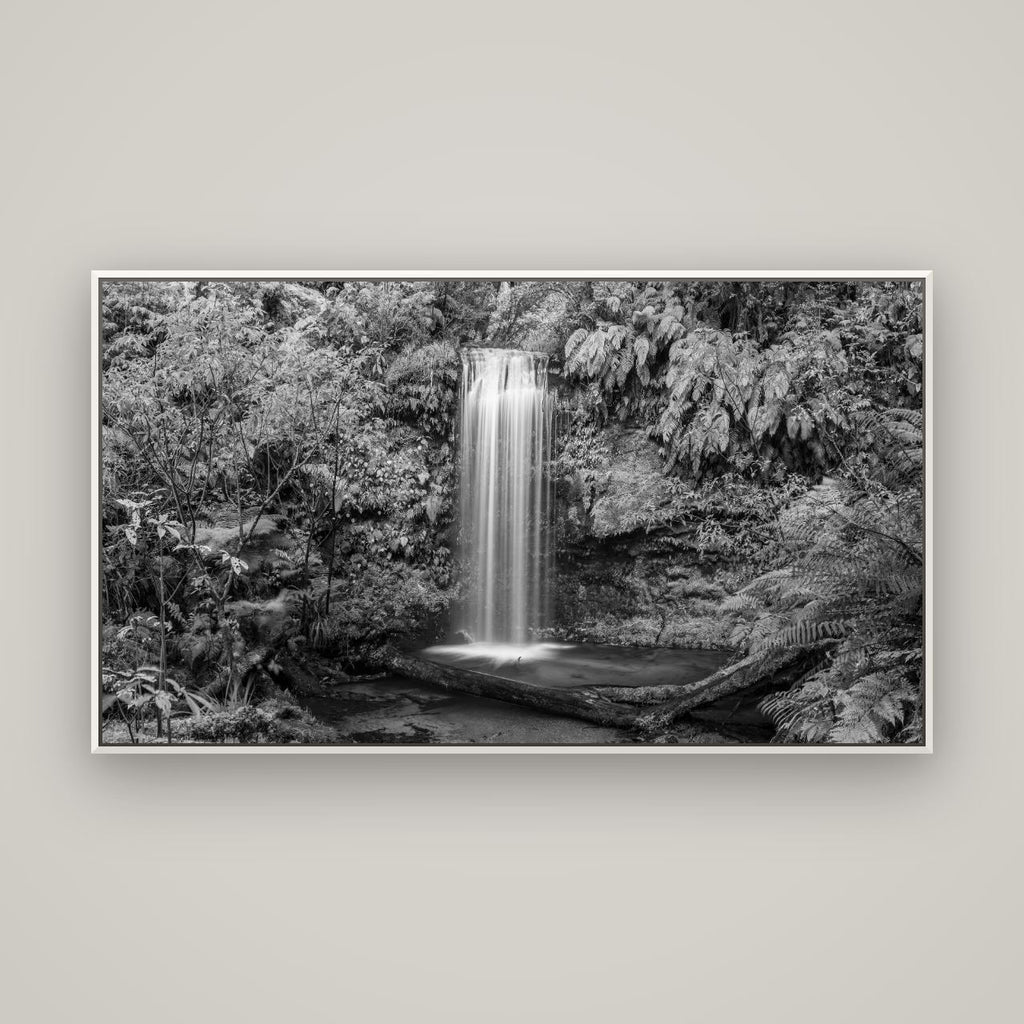 Veil of Serenity, Koropuku Falls — Basel White, 160×90 cm. New Zealand fine art wall art by Stephen Milner.