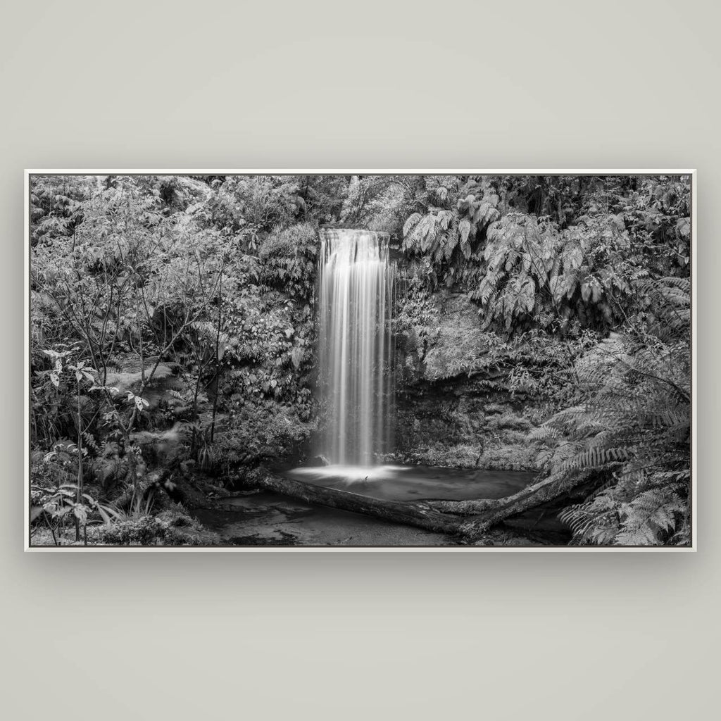Veil of Serenity, Koropuku Falls — Basel White, 196×110 cm. New Zealand fine art wall art by Stephen Milner.