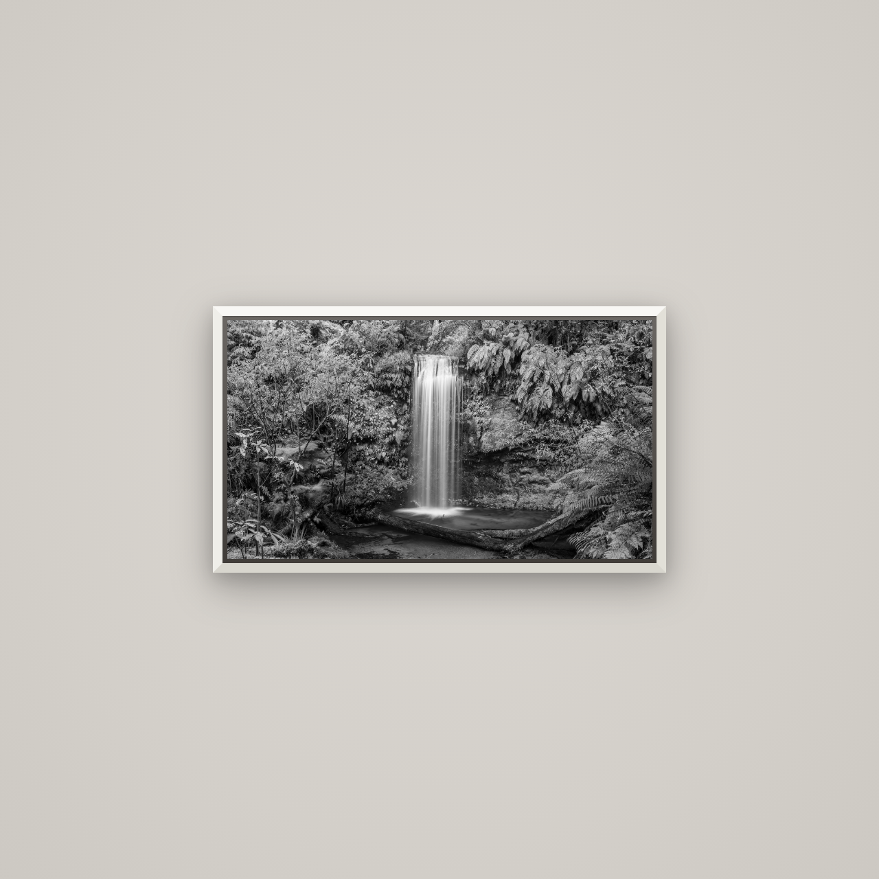 Veil of Serenity, Koropuku Falls — Basel White, 64×36 cm. New Zealand fine art wall art by Stephen Milner.