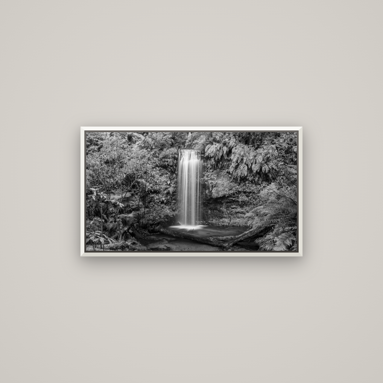 Veil of Serenity, Koropuku Falls — Basel White, 80×45 cm. New Zealand fine art wall art by Stephen Milner.