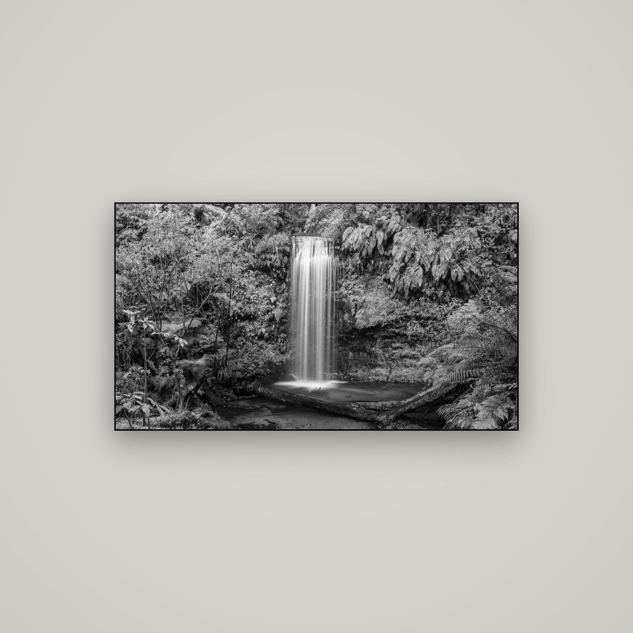 Veil of Serenity, Koropuku Falls — Slimline Black, 107×60 cm. New Zealand fine art wall art by Stephen Milner.