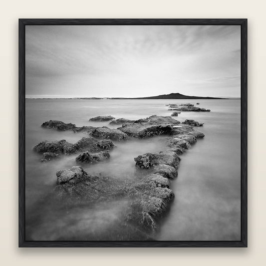 Volcanic Horizon, Auckland Harbour, black and white framed metallic canvas print, Black frame. New Zealand fine art wall art by Stephen Milner.