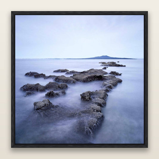 Volcanic Horizon, Auckland Harbour — framed metallic canvas print, Black frame. New Zealand fine art landscape wall art by Stephen Milner.