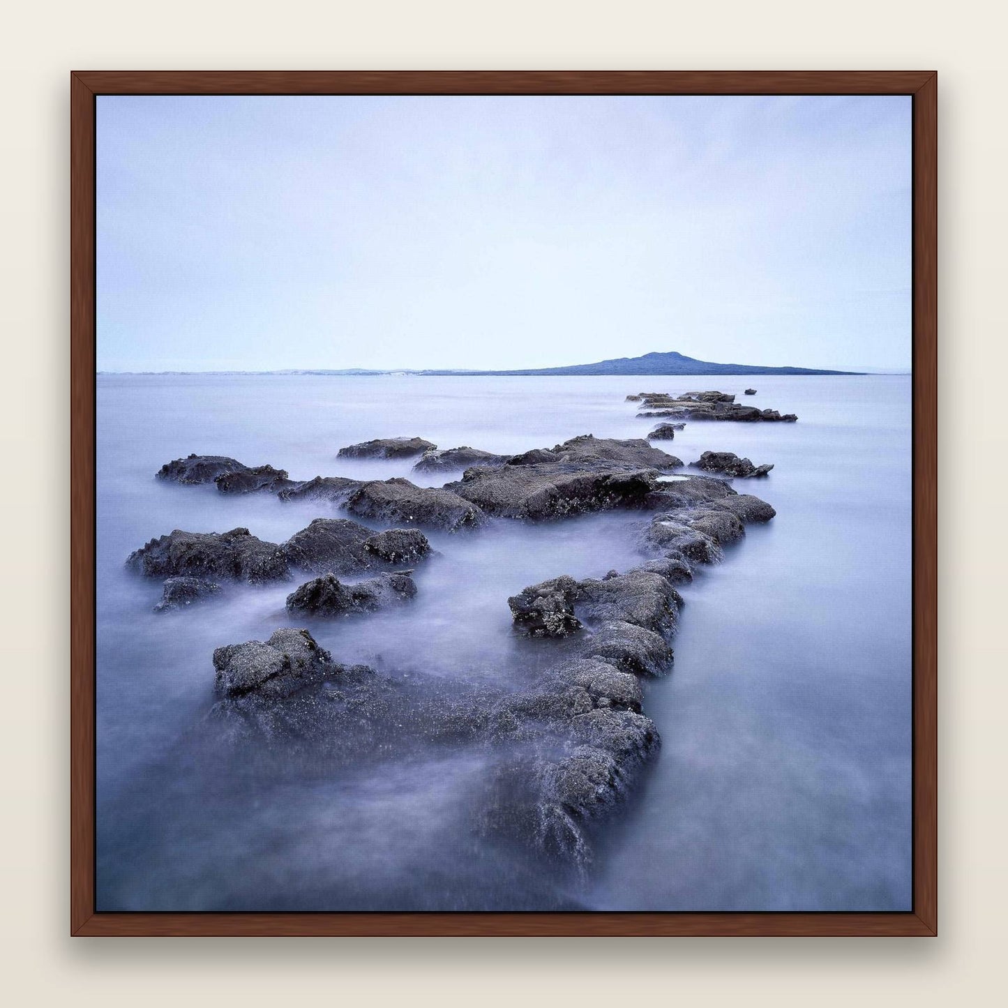Volcanic Horizon, Auckland Harbour — framed metallic canvas print, Brown frame. New Zealand fine art landscape wall art by Stephen Milner.