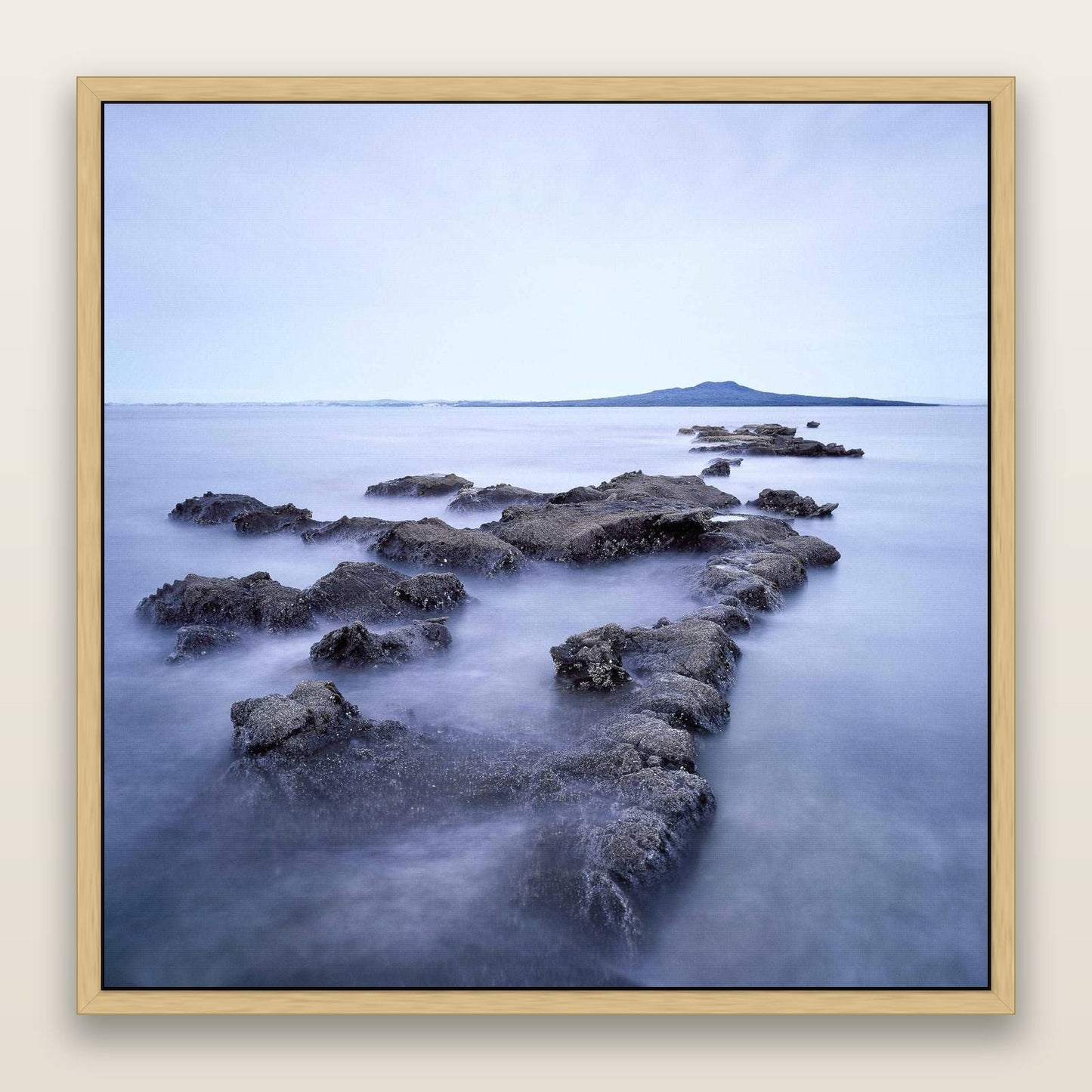 Volcanic Horizon, Auckland Harbour — framed metallic canvas print, Natural frame. New Zealand fine art landscape wall art by Stephen Milner.