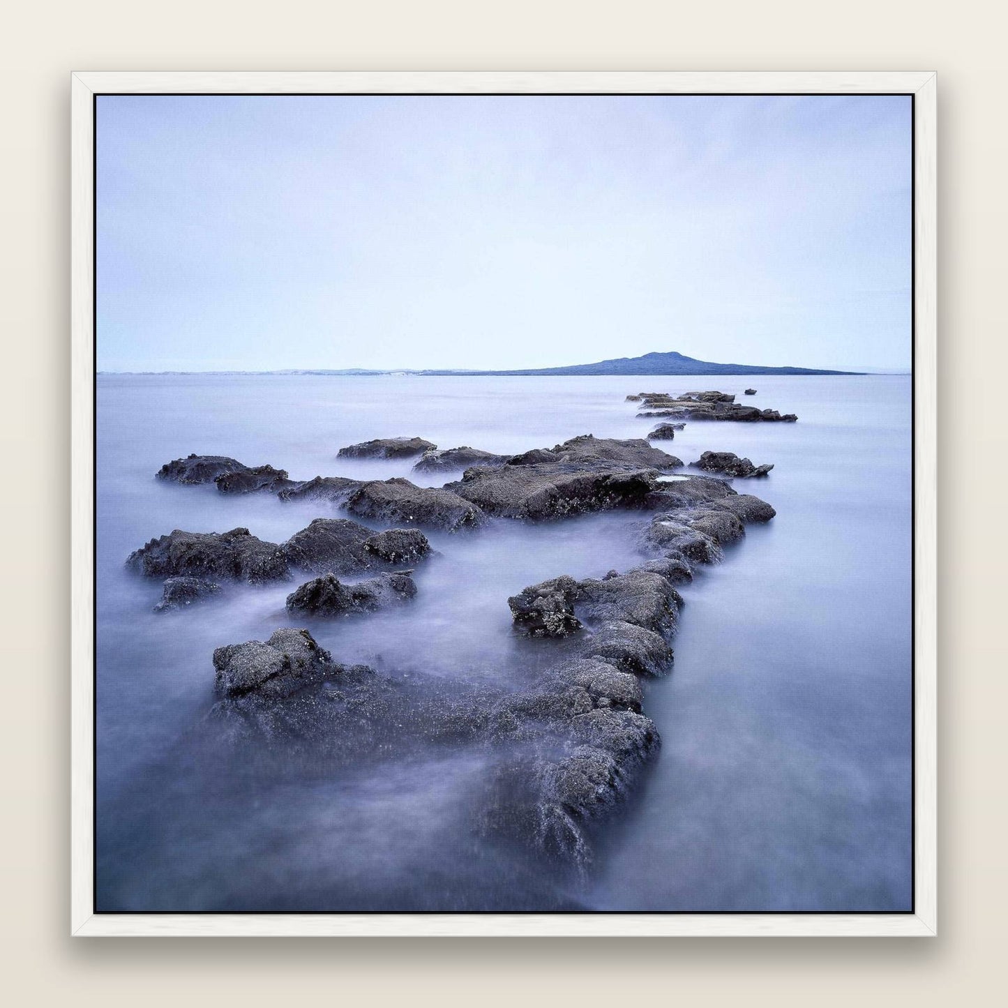 Volcanic Horizon, Auckland Harbour — framed metallic canvas print, White frame. New Zealand fine art landscape wall art by Stephen Milner.