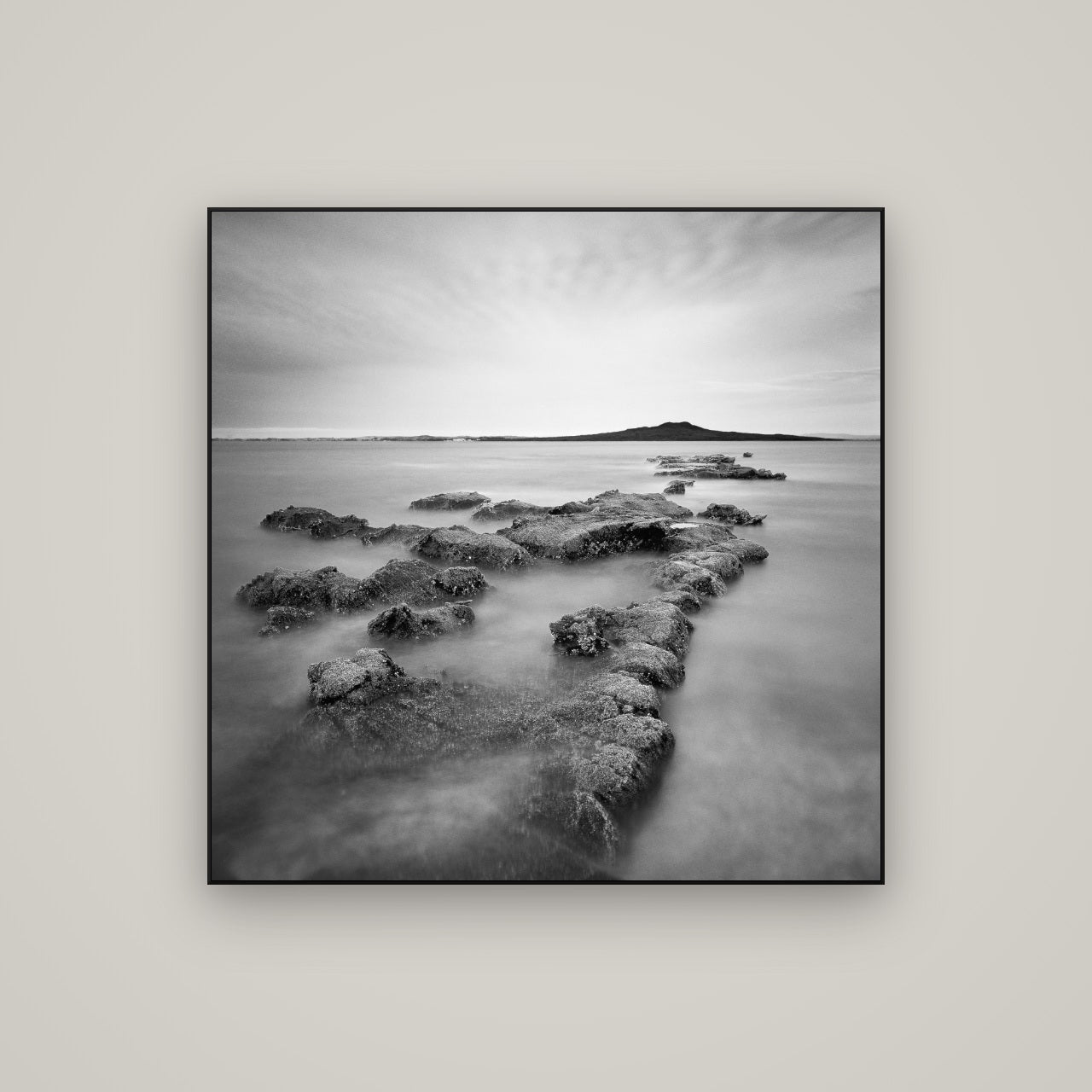 Volcanic Horizon, Auckland Harbour — ArtBox Black, 100×100 cm. New Zealand fine art wall art by Stephen Milner.
