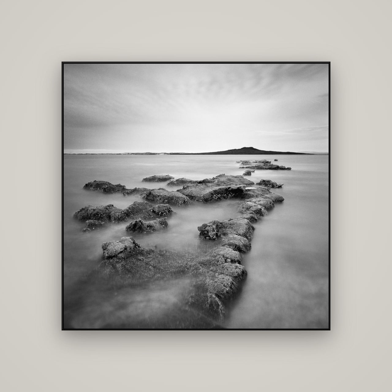 Volcanic Horizon, Auckland Harbour — ArtBox Black, 120×120 cm. New Zealand fine art wall art by Stephen Milner.