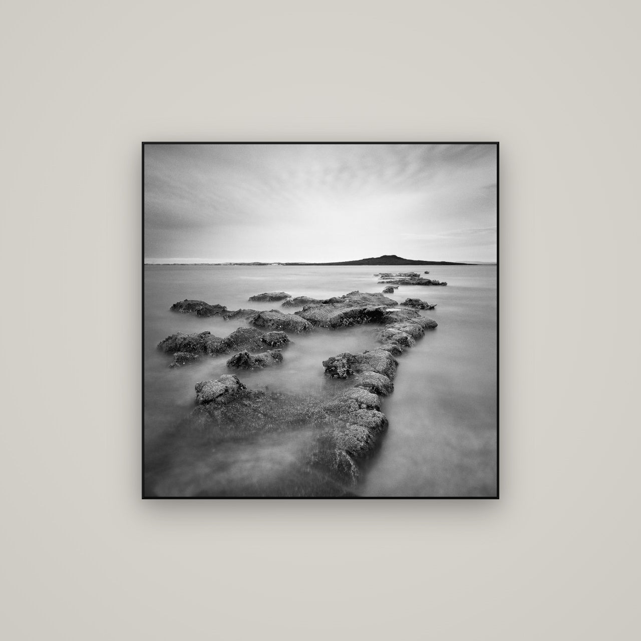 Volcanic Horizon, Auckland Harbour — ArtBox Black, 80×80 cm. New Zealand fine art wall art by Stephen Milner.