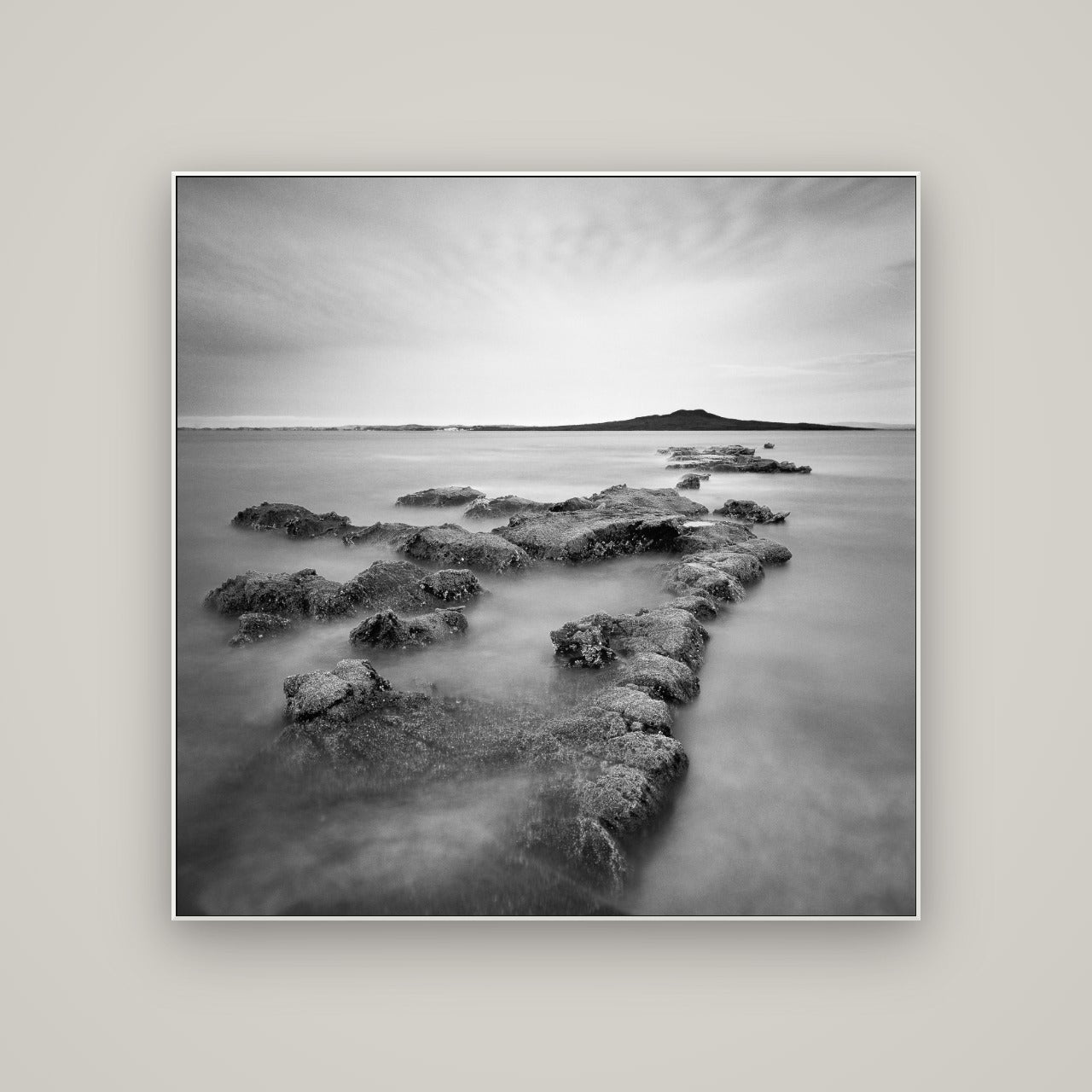 Volcanic Horizon, Auckland Harbour — ArtBox White, 120×120 cm. New Zealand fine art wall art by Stephen Milner.