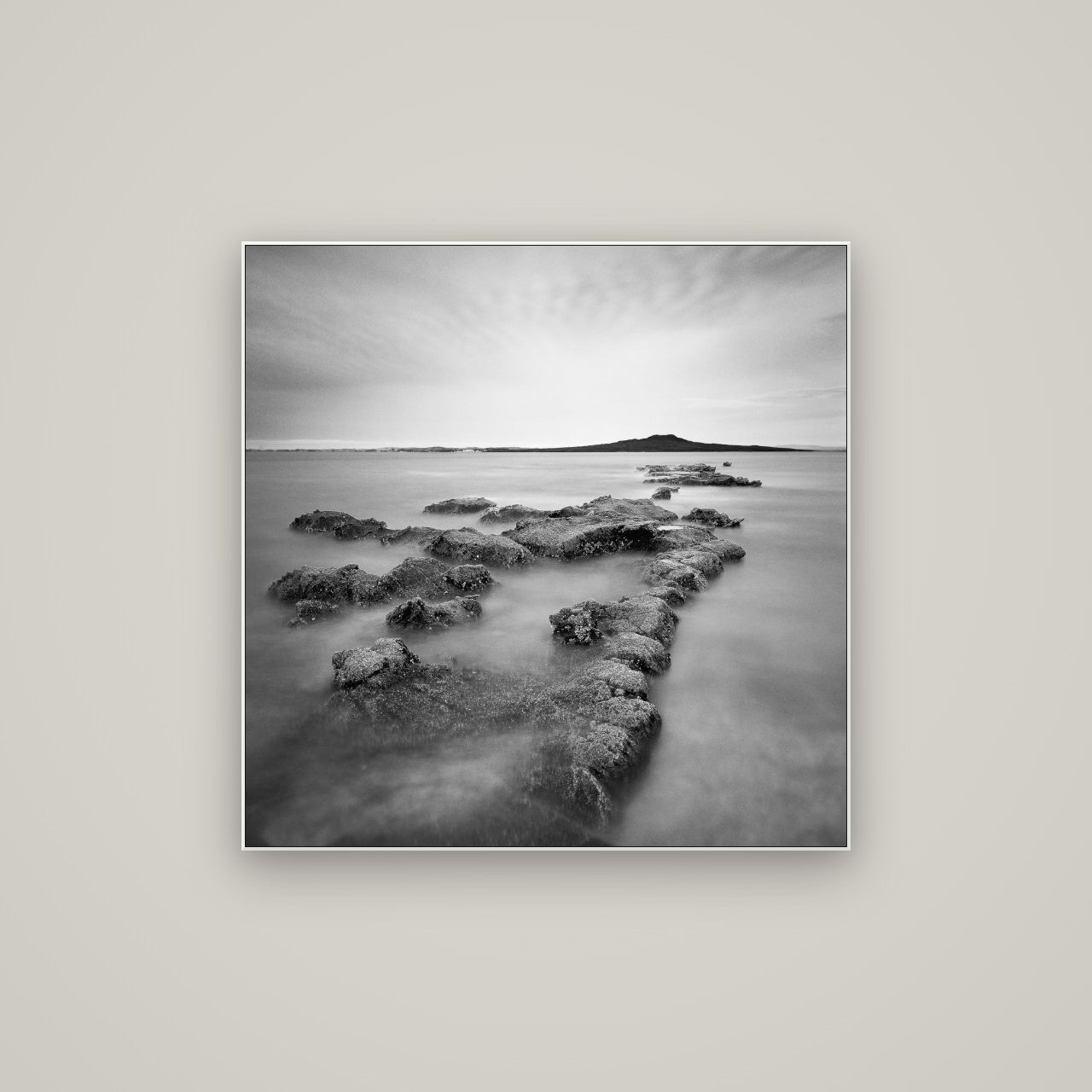 Volcanic Horizon, Auckland Harbour — ArtBox White, 80×80 cm. New Zealand fine art wall art by Stephen Milner.