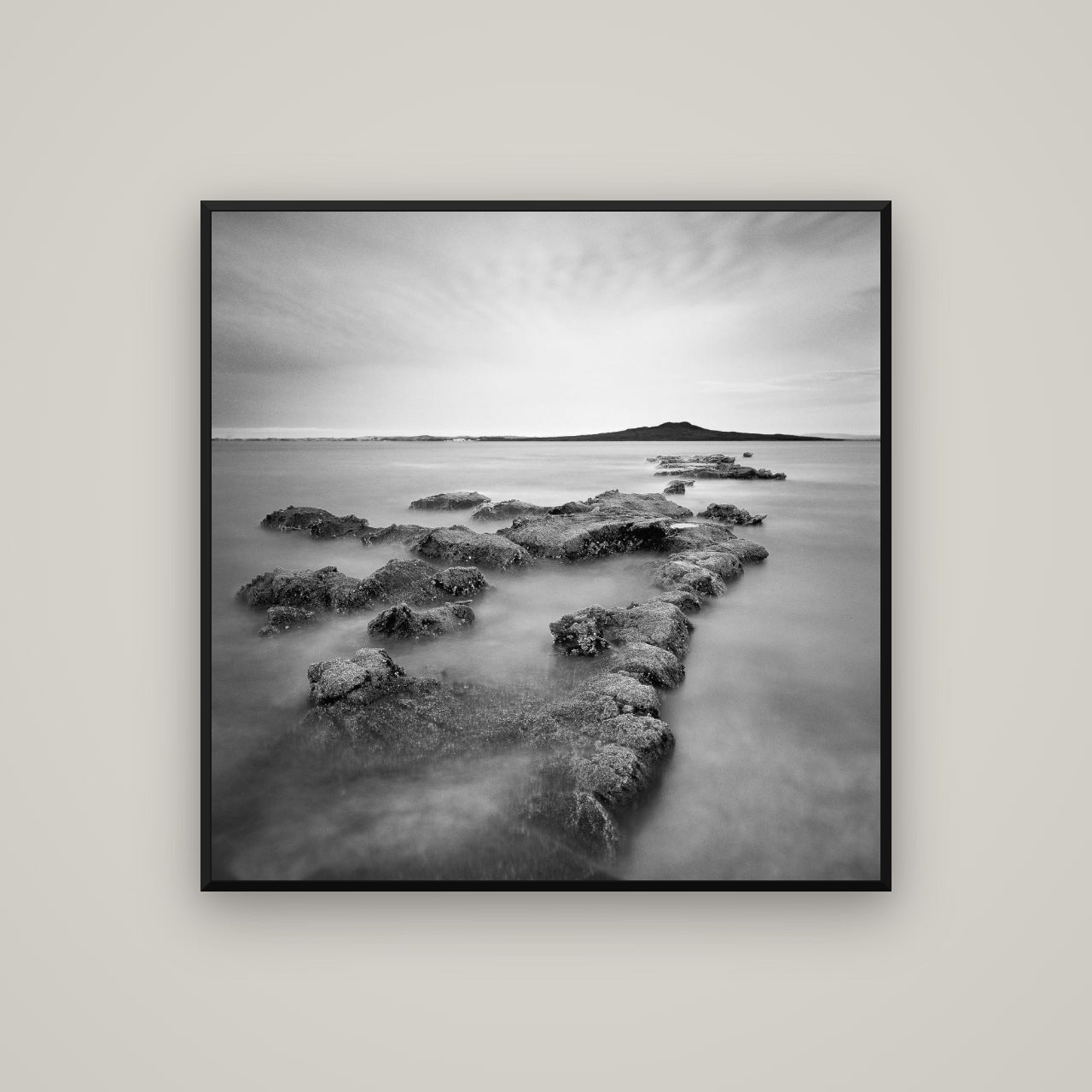 Volcanic Horizon, Auckland Harbour — Basel Black, 100×100 cm. New Zealand fine art wall art by Stephen Milner.