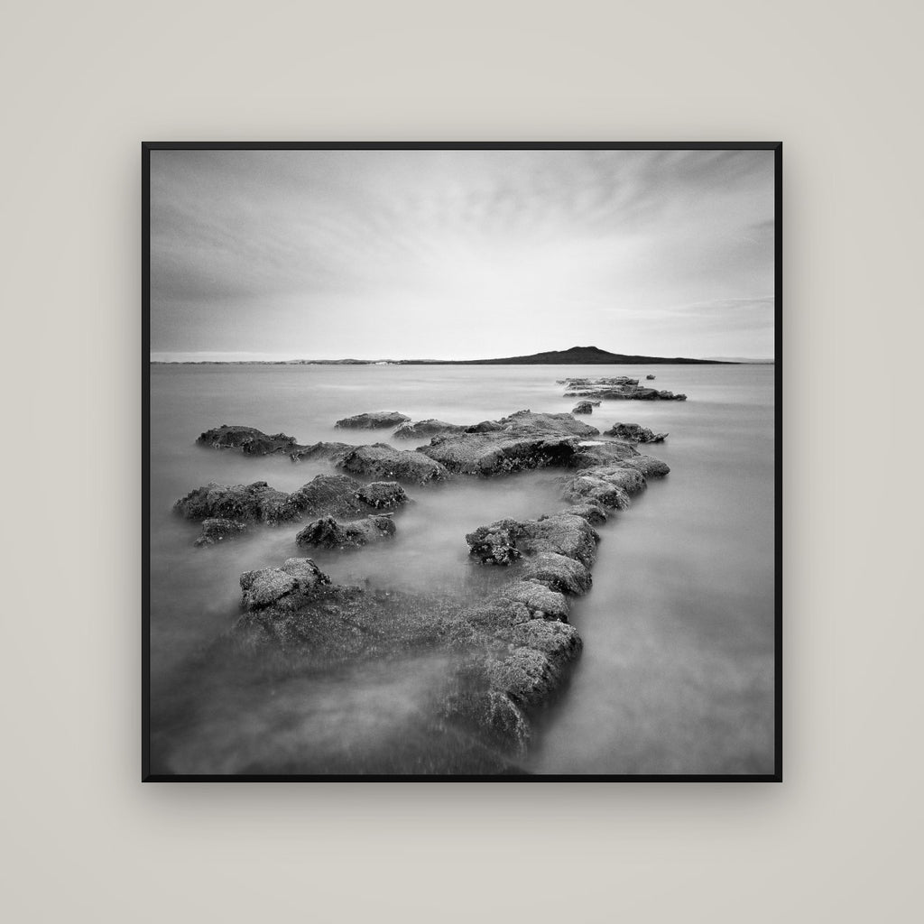 Volcanic Horizon, Auckland Harbour — Basel Black Matte, 120×120 cm. New Zealand fine art wall art by Stephen Milner.