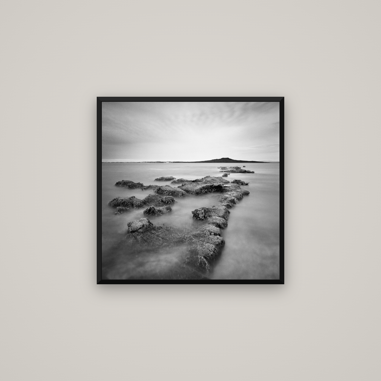 Volcanic Horizon, Auckland Harbour — Basel Black Matte, 60×60 cm. New Zealand fine art wall art by Stephen Milner.