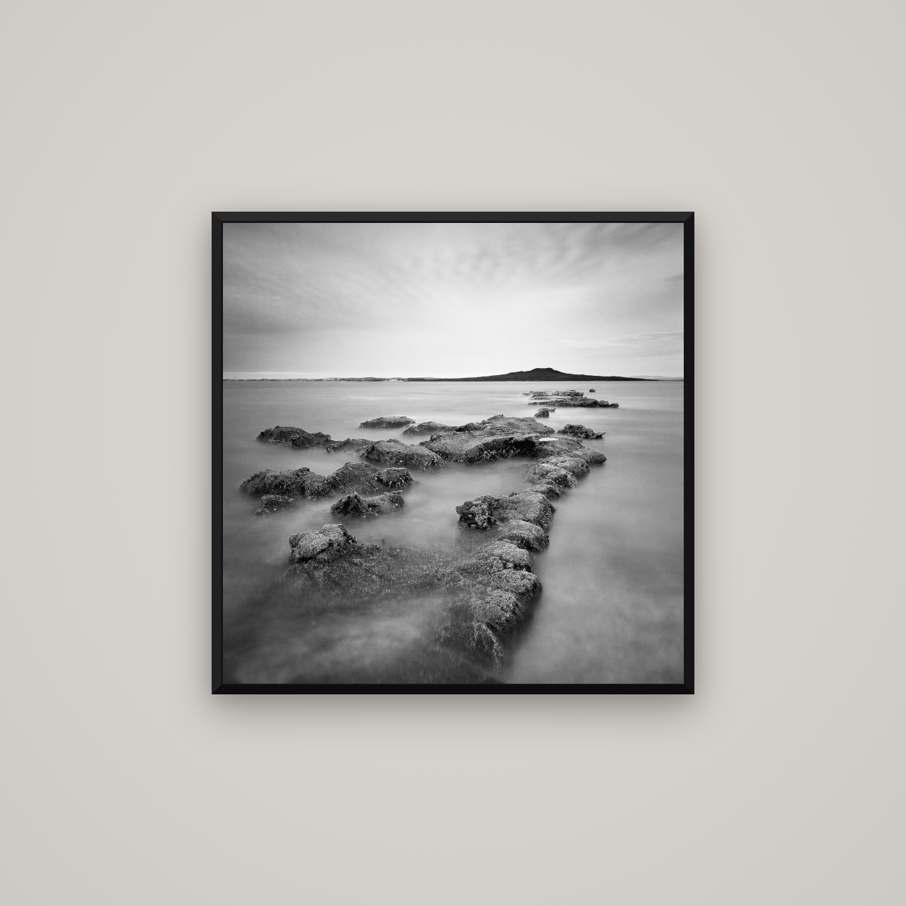 Volcanic Horizon, Auckland Harbour — Basel Black Matte, 70×70 cm. New Zealand fine art wall art by Stephen Milner.