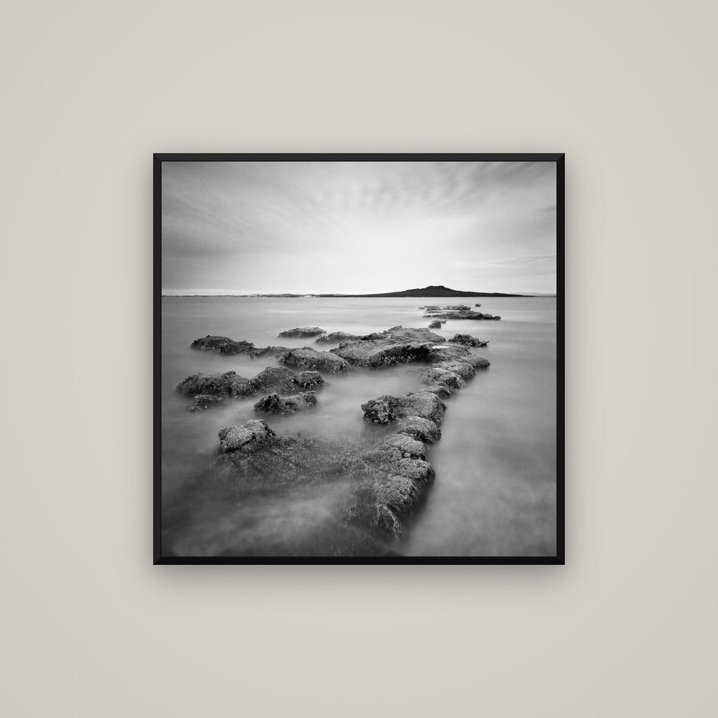 Volcanic Horizon, Auckland Harbour — Basel Black Matte, 80×80 cm. New Zealand fine art wall art by Stephen Milner.