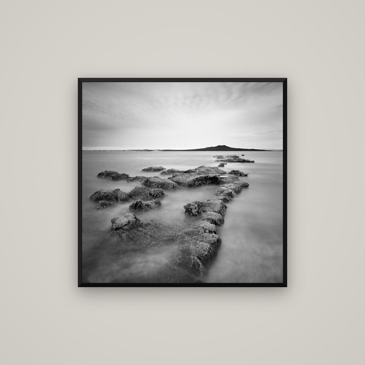 Volcanic Horizon, Auckland Harbour — Basel Black, 80×80 cm. New Zealand fine art wall art by Stephen Milner.