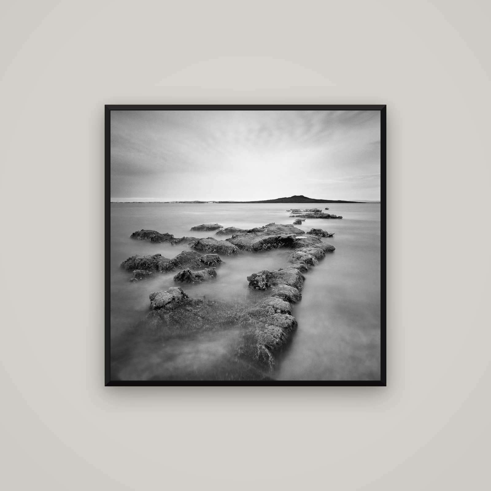 Volcanic Horizon, Auckland Harbour — Basel Black Matte, 80×80 cm. New Zealand fine art wall art by Stephen Milner.
