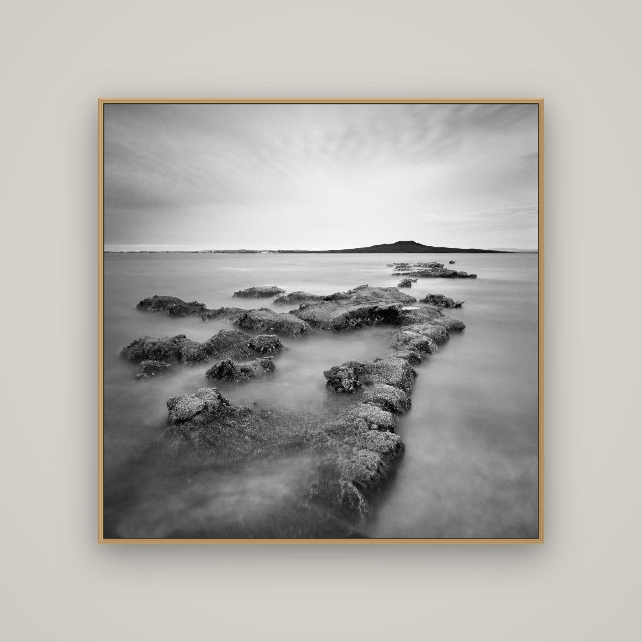 Volcanic Horizon, Auckland Harbour, Basel Natural Oak, 120×120 cm. New Zealand fine art wall art by Stephen Milner.