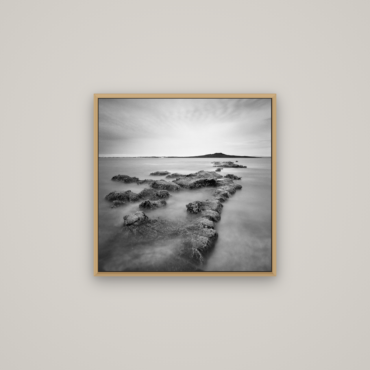 Volcanic Horizon, Auckland Harbour, Basel Natural Oak, 60×60 cm. New Zealand fine art wall art by Stephen Milner.