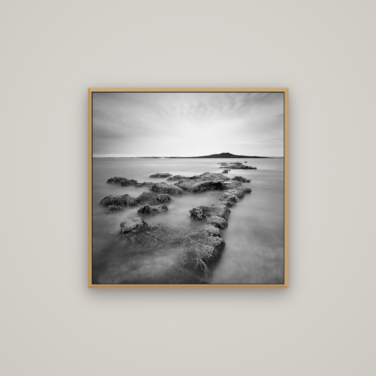 Volcanic Horizon, Auckland Harbour, Basel Natural Oak, 70×70 cm. New Zealand fine art wall art by Stephen Milner.