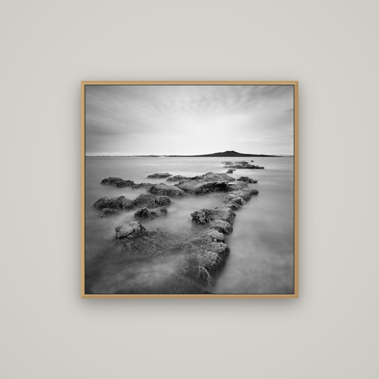 Volcanic Horizon, Auckland Harbour, Basel Natural Oak, 80×80 cm. New Zealand fine art wall art by Stephen Milner.
