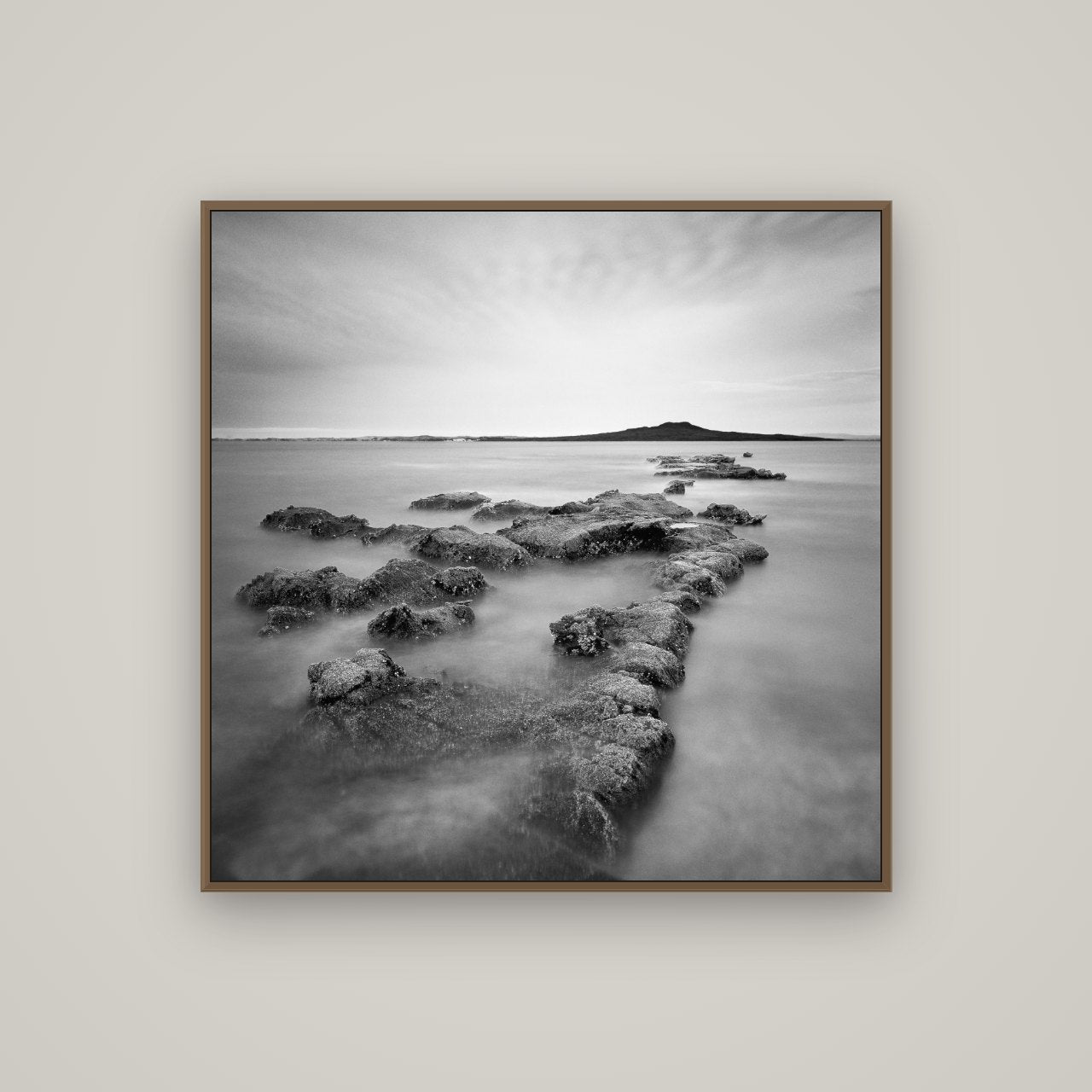 Volcanic Horizon, Auckland Harbour, Basel Walnut, 100×100 cm. New Zealand fine art wall art by Stephen Milner.