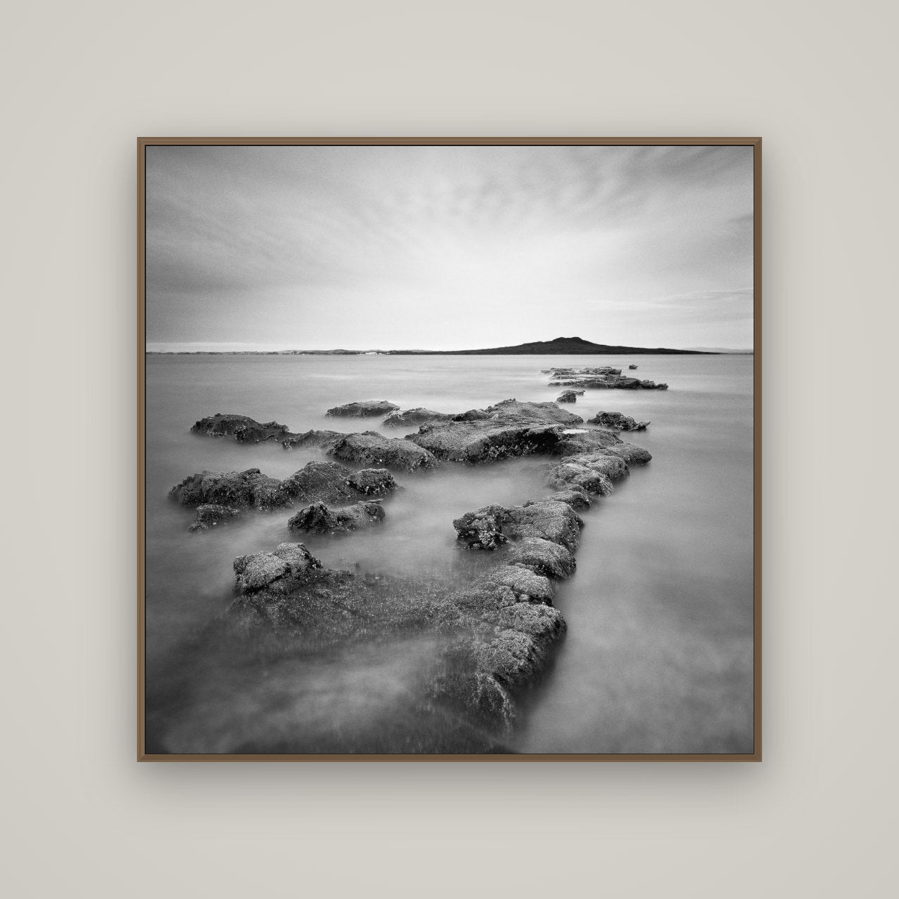 Volcanic Horizon, Auckland Harbour, Basel Walnut, 120×120 cm. New Zealand fine art wall art by Stephen Milner.