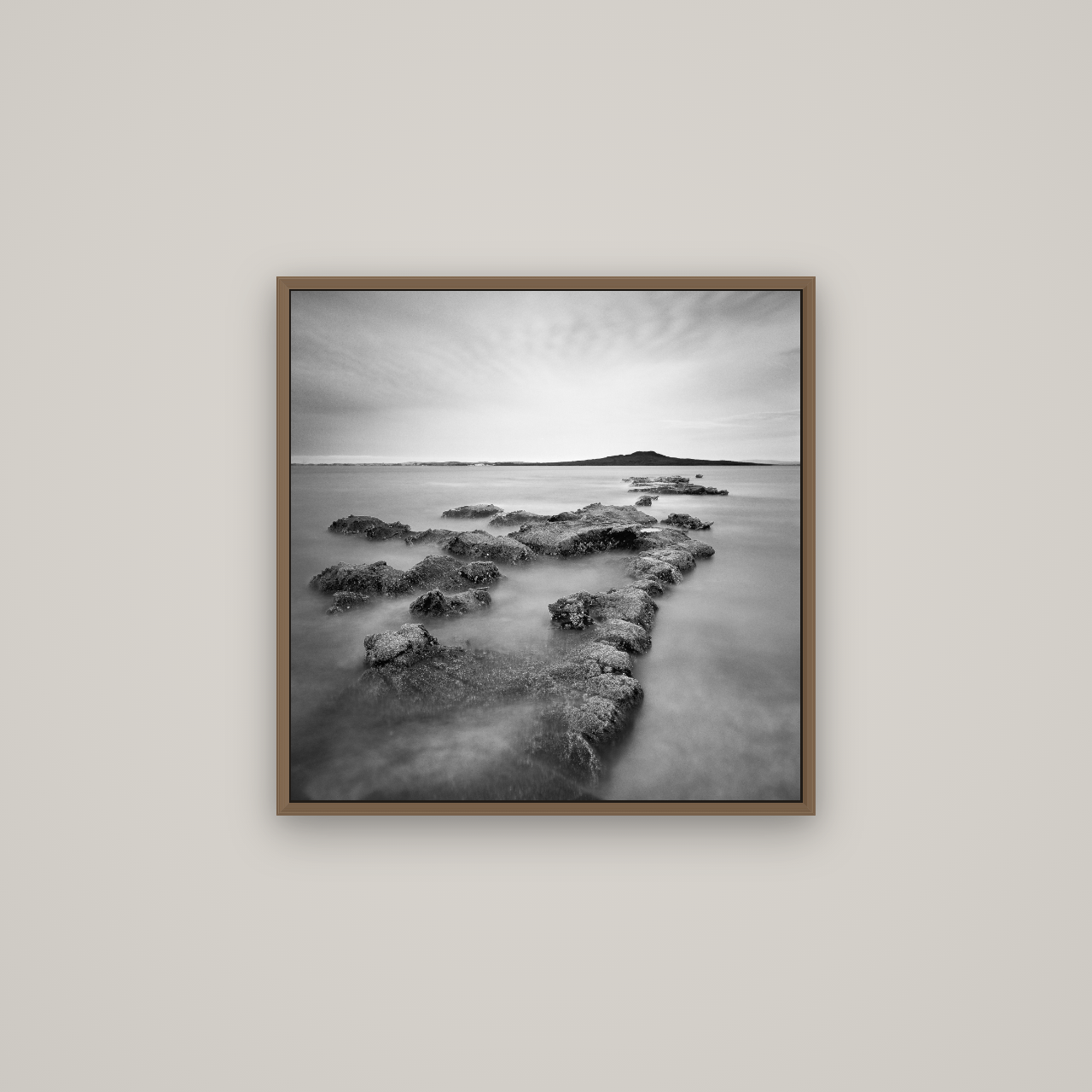 Volcanic Horizon, Auckland Harbour, Basel Walnut, 60×60 cm. New Zealand fine art wall art by Stephen Milner.