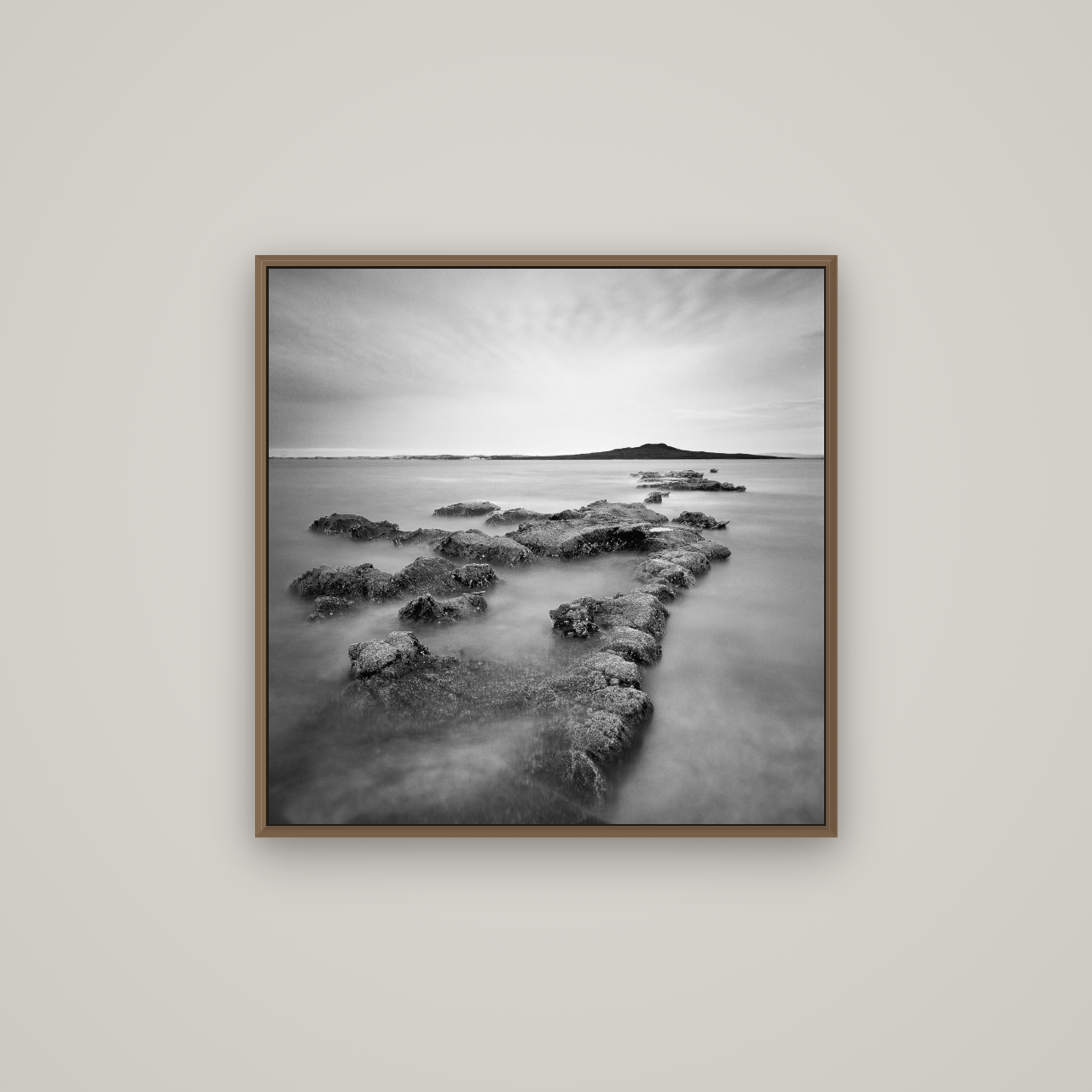 Volcanic Horizon, Auckland Harbour, Basel Walnut, 70×70 cm. New Zealand fine art wall art by Stephen Milner.