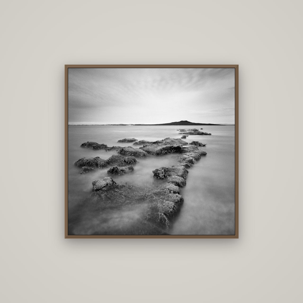 Volcanic Horizon, Auckland Harbour, Basel Walnut, 80×80 cm. New Zealand fine art wall art by Stephen Milner.