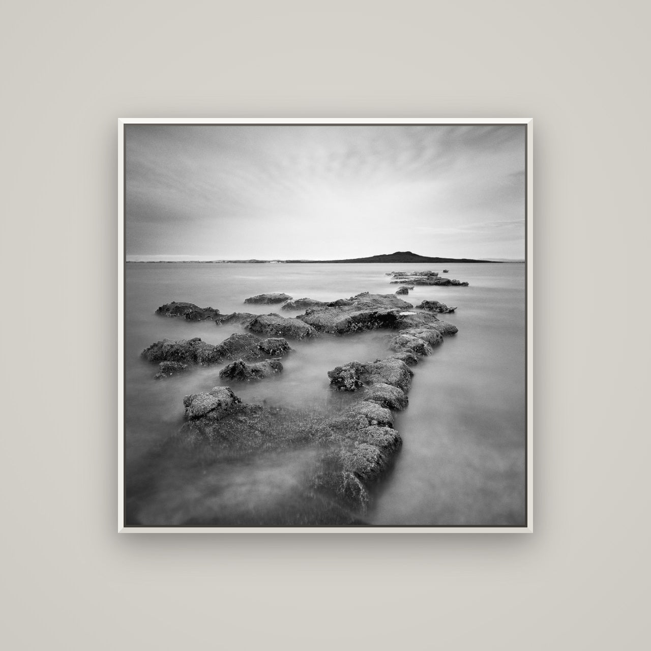 Volcanic Horizon, Auckland Harbour — Basel White, 100×100 cm. New Zealand fine art wall art by Stephen Milner.