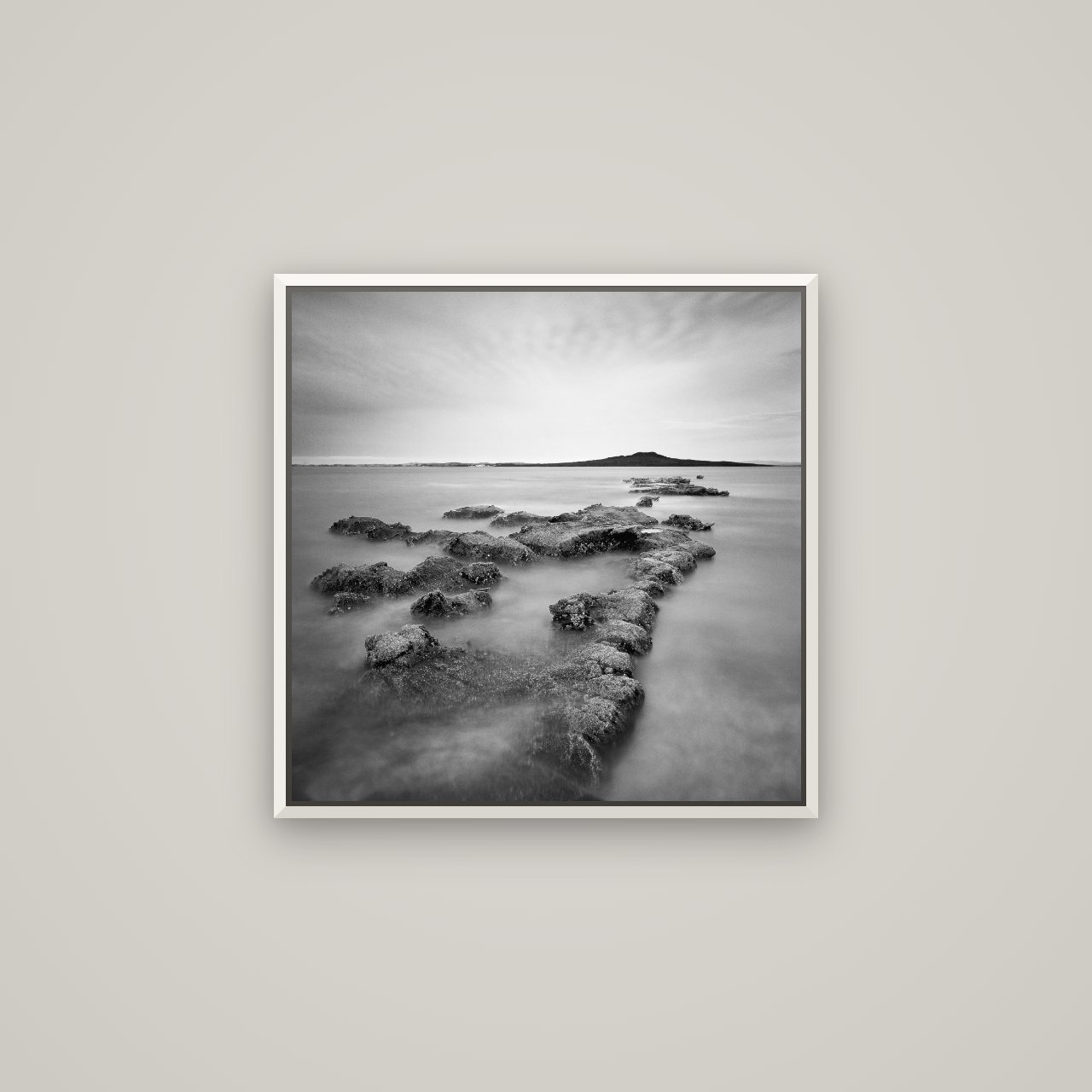 Volcanic Horizon, Auckland Harbour — Basel White, 60×60 cm. New Zealand fine art wall art by Stephen Milner.