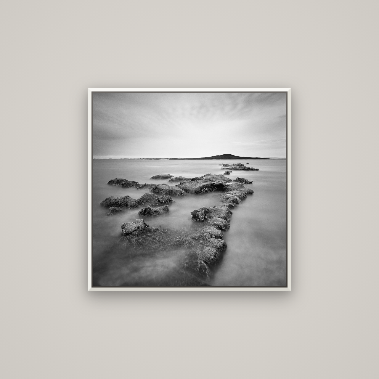 Volcanic Horizon, Auckland Harbour — Basel White, 70×70 cm. New Zealand fine art wall art by Stephen Milner.