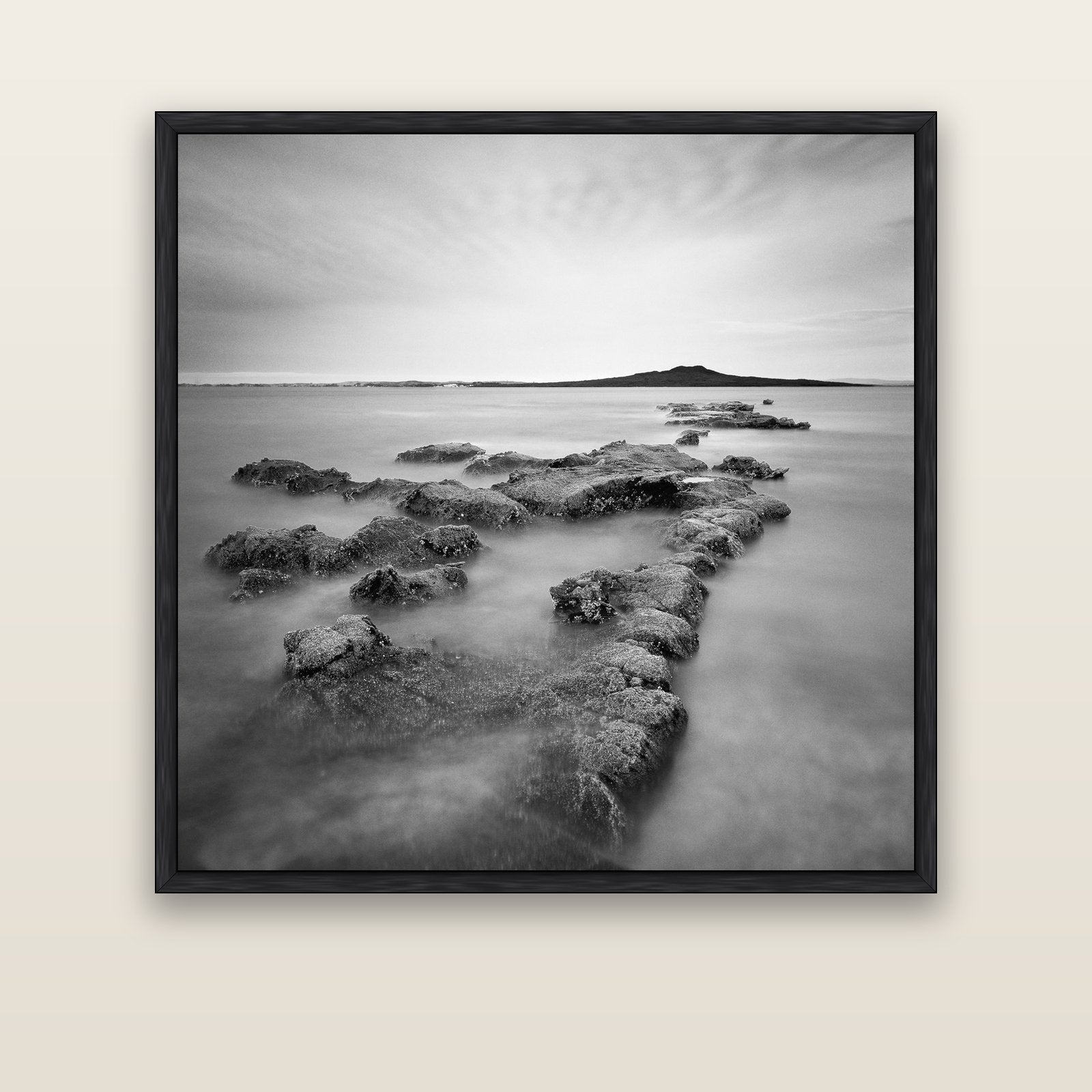 Volcanic Horizon, Auckland Harbour — black float frame canvas, 133 × 133 cm. New Zealand fine art landscape wall art by Stephen Milner.