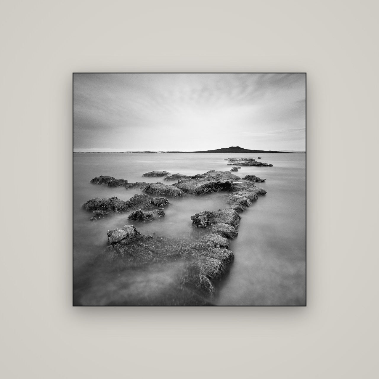 Volcanic Horizon, Auckland Harbour — Slimline Black, 100×100 cm. New Zealand fine art wall art by Stephen Milner.